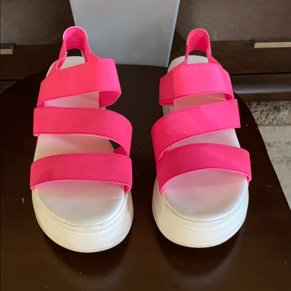 Hot pink & white platform wedges